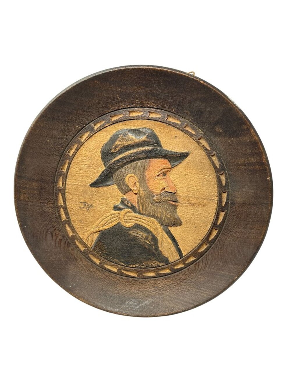 Vintage Hand Carved Wooden Face Plate Bearded Man Hat Miner Gallery Wall